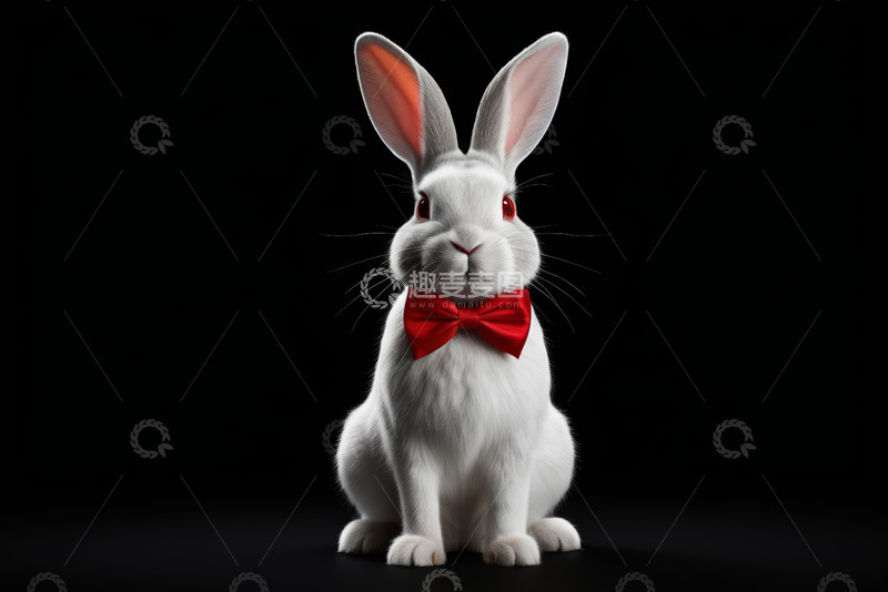 高清大图下载【趣麦麦图】戴红色领结的白兔特写