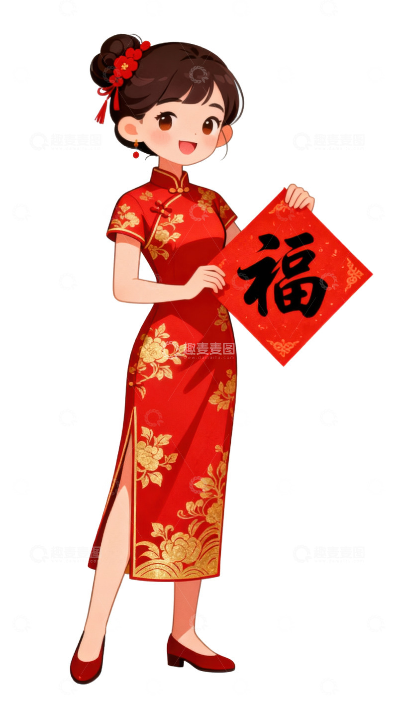 高清大图下载【趣麦麦图】新年穿着旗袍拿着福字的可爱女孩