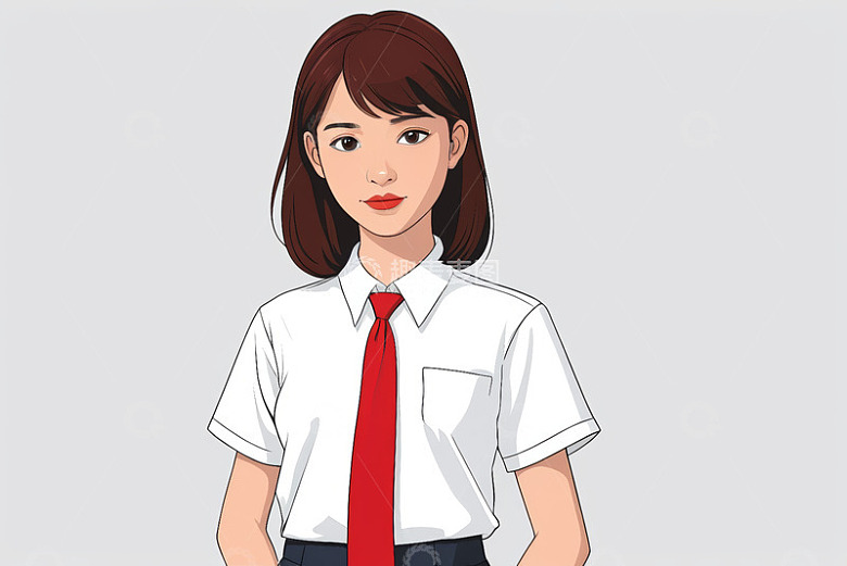 穿白衬衫系红领带的卡通女性
