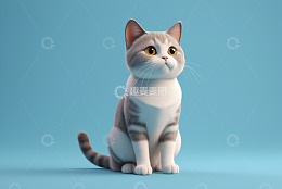 灰白猫咪坐立在蓝色背景前