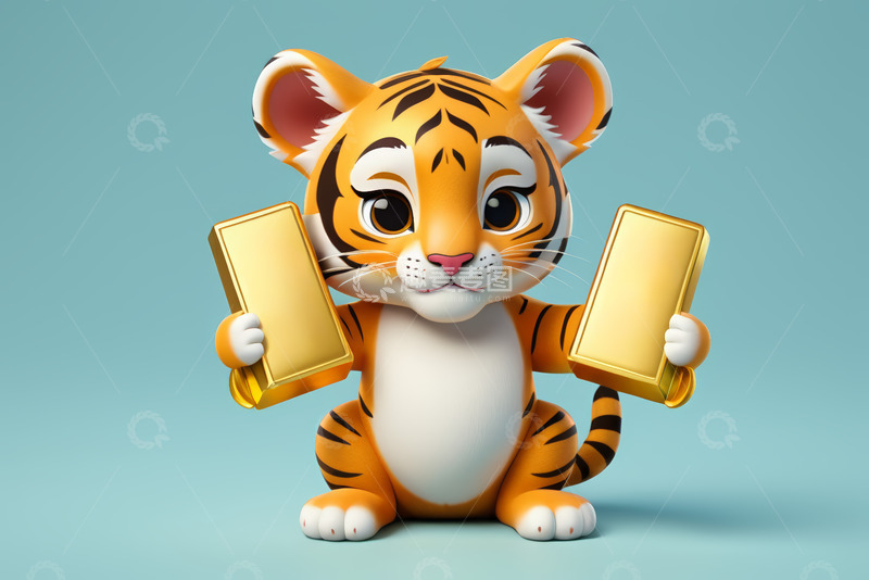 高清大图下载【趣麦麦图】手持金条的卡通老虎形象