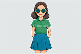 戴墨镜穿绿上衣的卡通女孩
