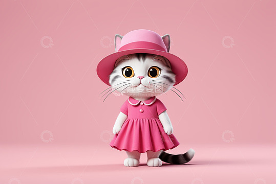 穿粉裙戴帽的卡通小猫