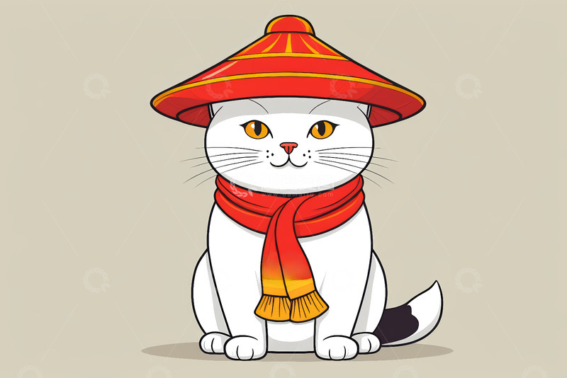 高清大图下载【趣麦麦图】戴帽围围巾的卡通猫咪