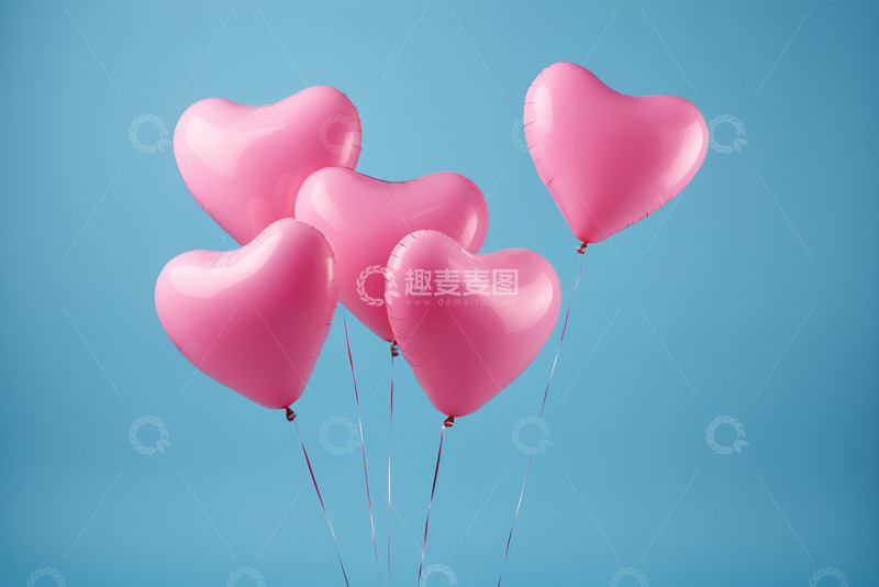 高清大图下载【趣麦麦图】粉色心形气球漂浮在蓝色背景