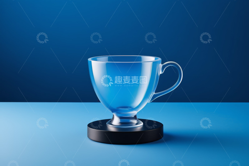 高清大图下载【趣麦麦图】蓝色背景透明玻璃咖啡杯