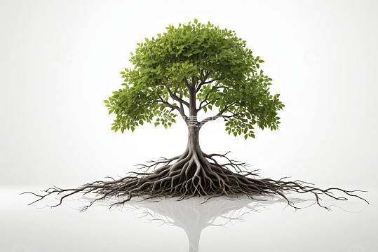 单棵绿树及其根系特写