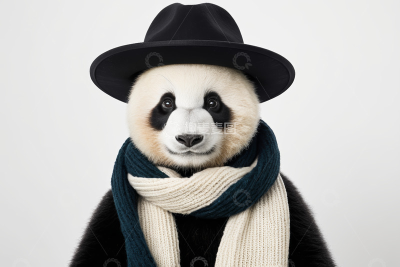 高清大图下载【趣麦麦图】戴帽子围巾的熊猫肖像