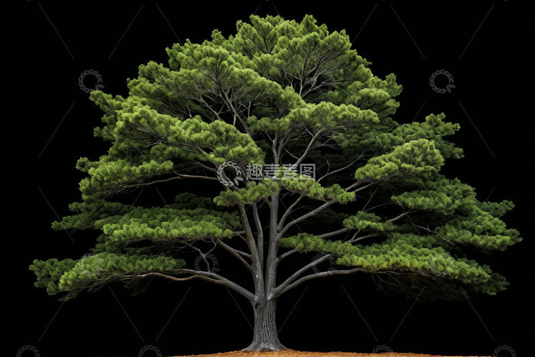 黑色背景下的绿色松树