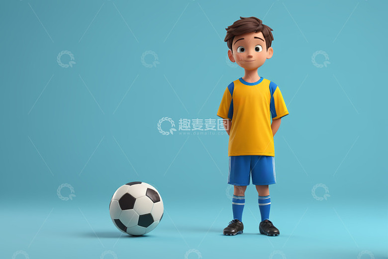身着球衣的卡通男孩与足球