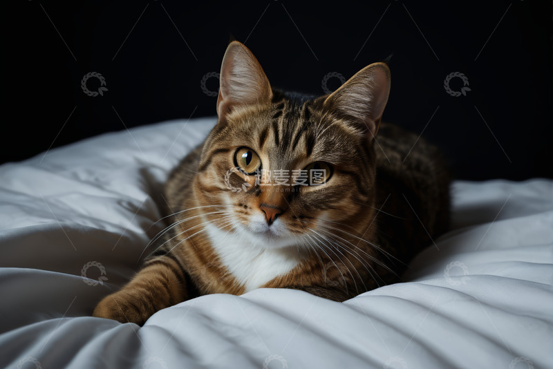 高清大图下载【趣麦麦图】趴在白色床上的条纹猫咪