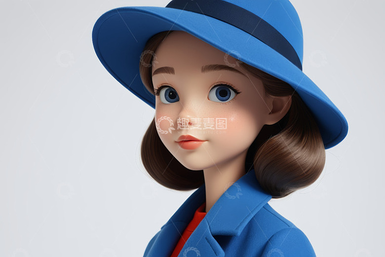 戴蓝帽穿蓝衣的卡通女孩肖像
