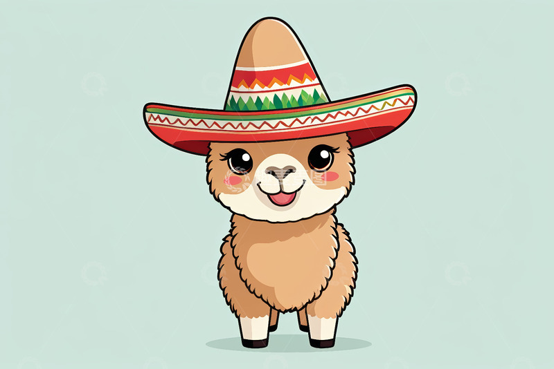 高清大图下载【趣麦麦图】戴墨西哥帽的卡通羊驼形象