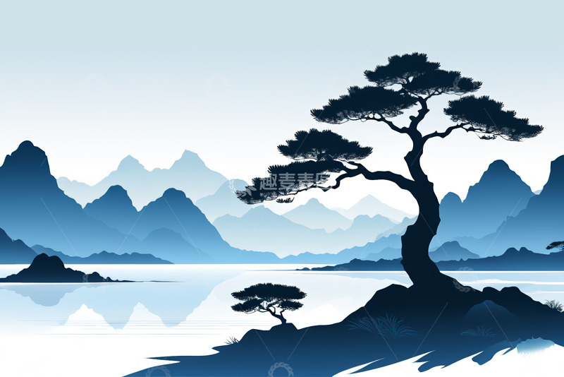 高清大图下载【趣麦麦图】山水间的孤松风景