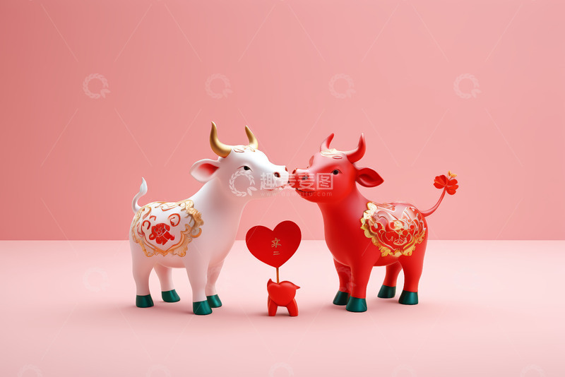 高清大图下载【趣麦麦图】红白牛摆件与爱心装饰