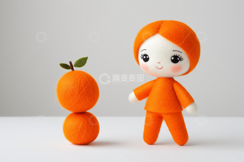 高清大图下载【趣麦麦图】橙色毛毡玩偶与橘子造型摆件