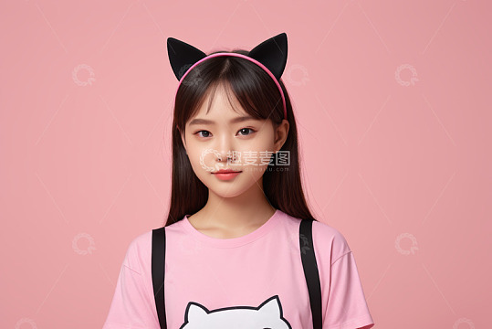 戴猫耳发箍的粉色系少女