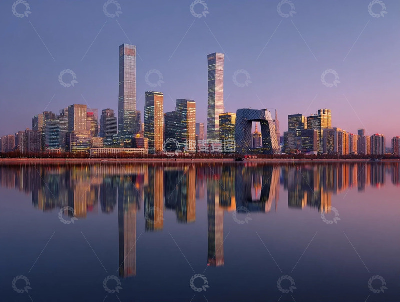 高清大图下载【趣麦麦图】暮色里的都市楼宇与水影交融