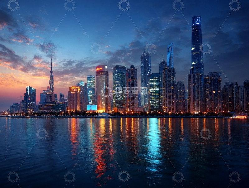 高清大图下载【趣麦麦图】河畔楼宇的暮色与灯影交织图景