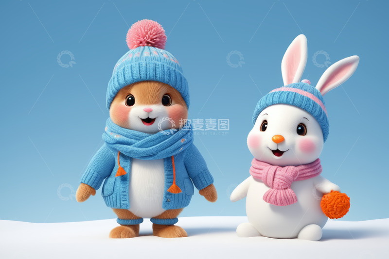 高清大图下载【趣麦麦图】穿着冬装的仓鼠与兔子动画形象