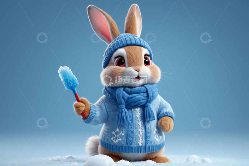 高清大图下载【趣麦麦图】穿冬装手持冰棍的动画兔子