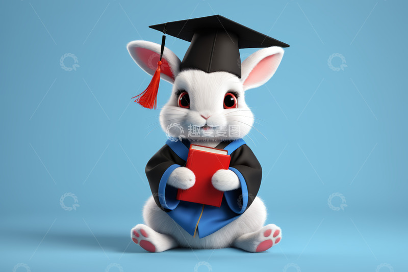 高清大图下载【趣麦麦图】戴学士帽手持书本的兔子