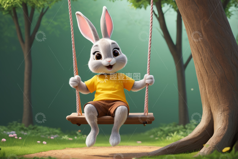 高清大图下载【趣麦麦图】动画兔子在树林中荡秋千