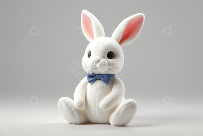 高清大图下载【趣麦麦图】白色兔子玩偶佩戴蓝色领结