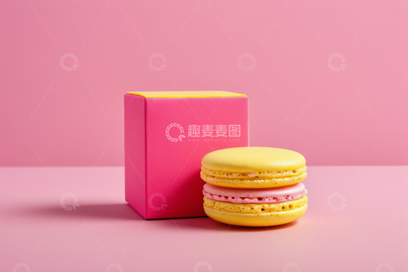 高清大图下载【趣麦麦图】粉色背景下的马卡龙与包装盒