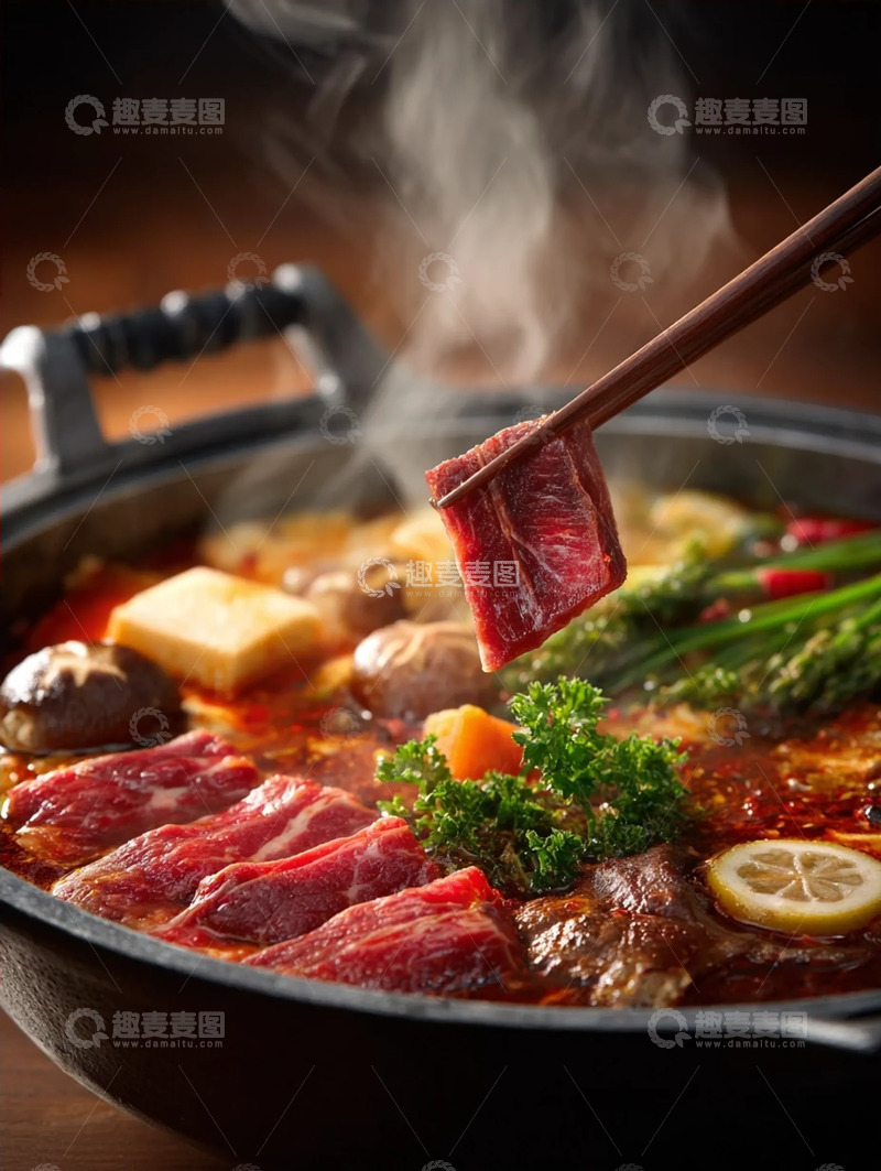 高清大图下载【趣麦麦图】鲜蔬配肉的暖锅沸腾图景