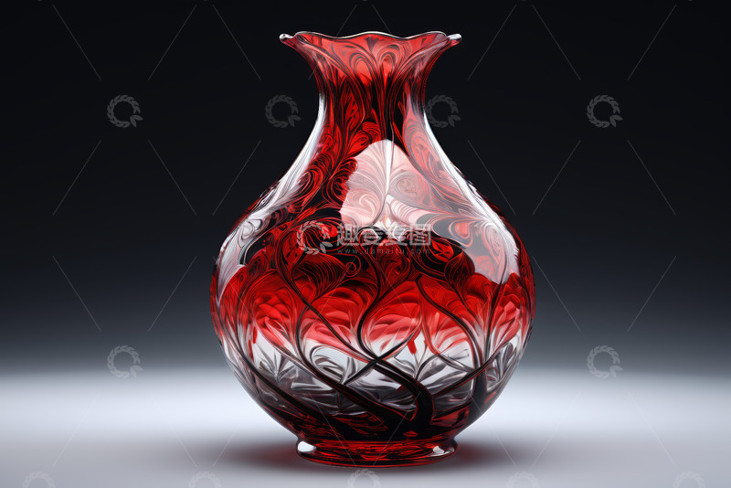高清大图下载【趣麦麦图】红色花纹玻璃花瓶特写