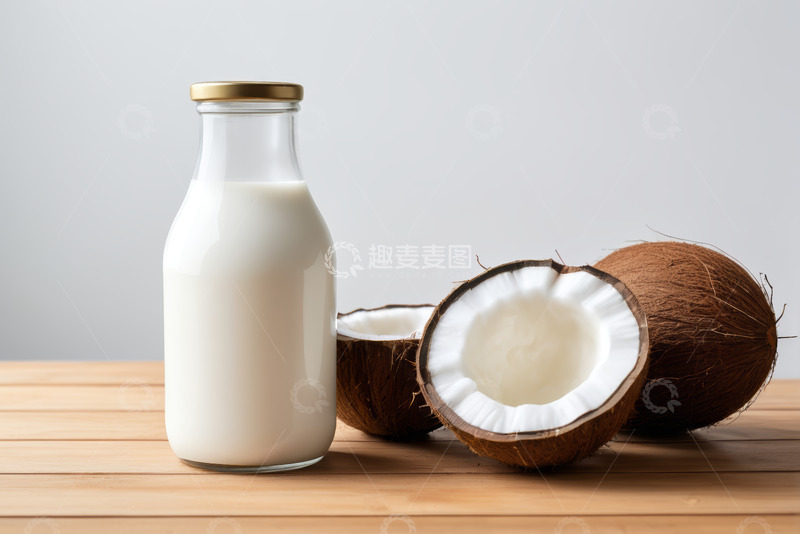 高清大图下载【趣麦麦图】玻璃瓶牛奶与椰子静物素材
