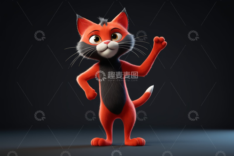 高清大图下载【趣麦麦图】站立挥手的卡通小猫
