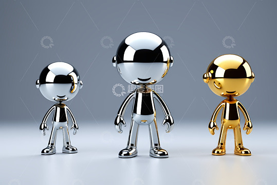 三个金属质感卡通小人模型