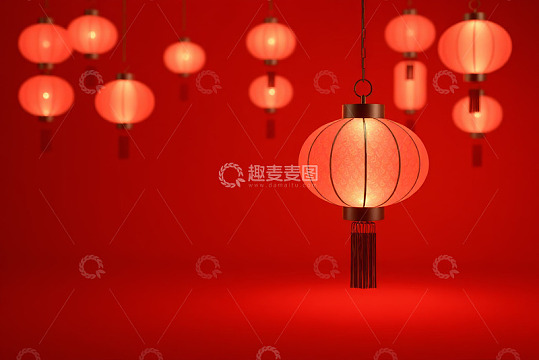 红色背景下悬挂的中式灯笼