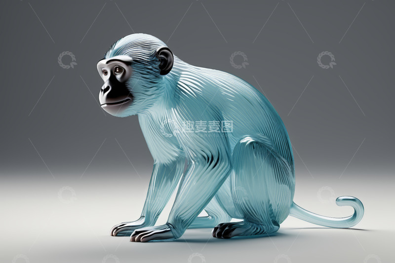 高清大图下载【趣麦麦图】蓝色玻璃质感猴子雕塑