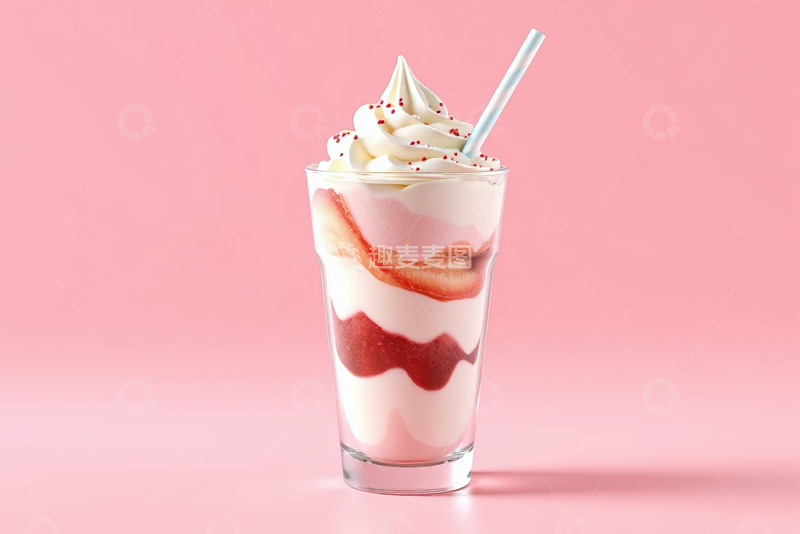 高清大图下载【趣麦麦图】粉色背景草莓奶油奶昔饮品