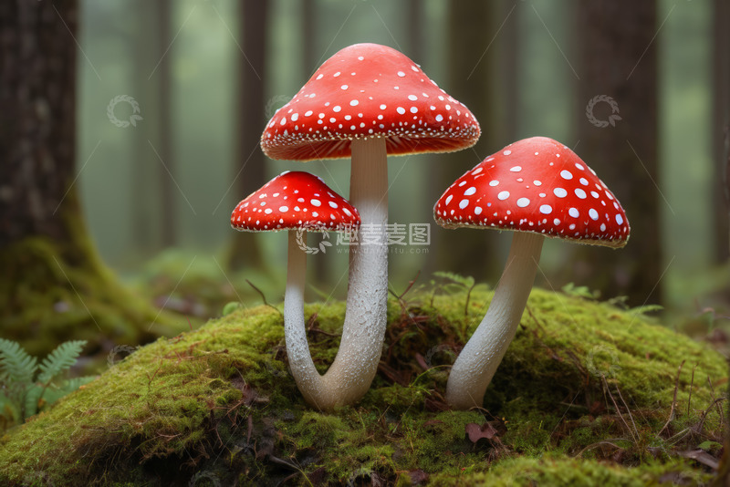 高清大图下载【趣麦麦图】森林中生长的红色斑点蘑菇