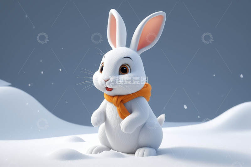 高清大图下载【趣麦麦图】雪地中戴围巾的动画白兔