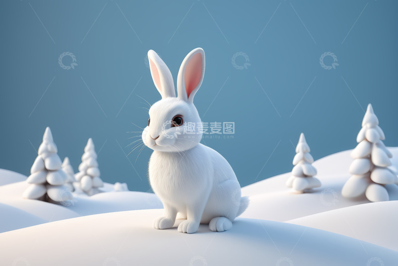 高清大图下载【趣麦麦图】雪地中的白兔与雪松场景