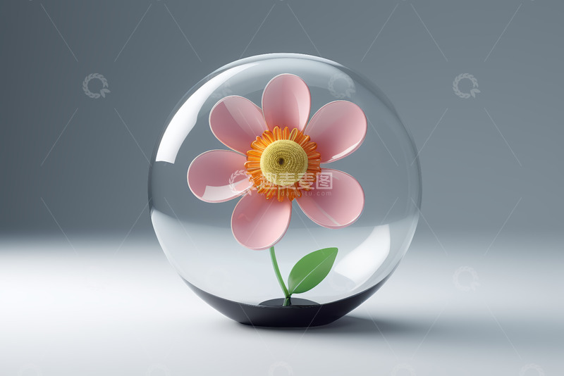 高清大图下载【趣麦麦图】玻璃球内粉色花朵3D模型