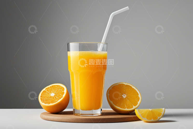 高清大图下载【趣麦麦图】玻璃杯装橙汁配新鲜橙子