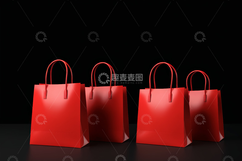 高清大图下载【趣麦麦图】红色购物袋摆放在黑色背景前