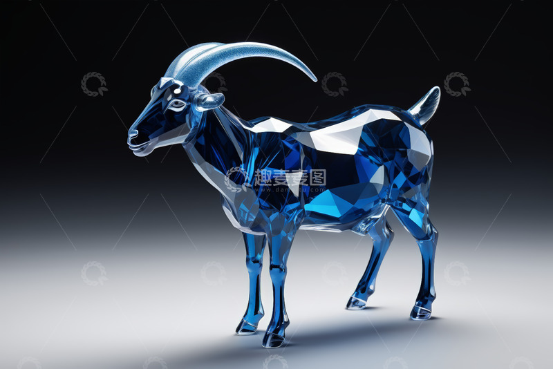 高清大图下载【趣麦麦图】蓝色透明晶体山羊摆件
