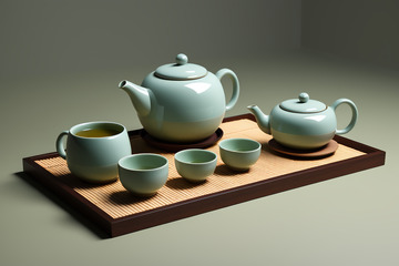 青瓷茶具茶盘组合静物