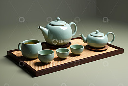 青瓷茶具茶盘组合静物