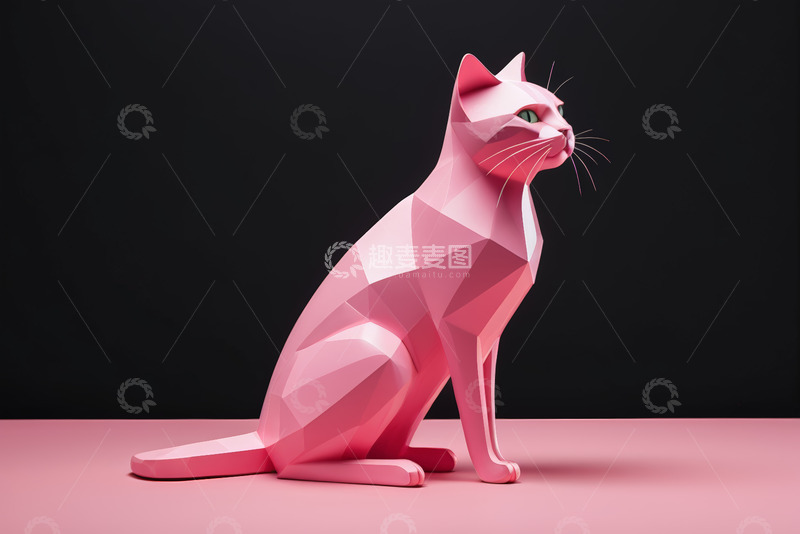 高清大图下载【趣麦麦图】粉色低多边形猫咪3D模型