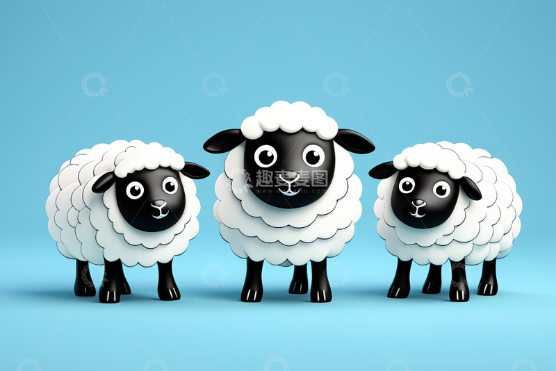 高清大图下载【趣麦麦图】三只卡通绵羊蓝色背景形象