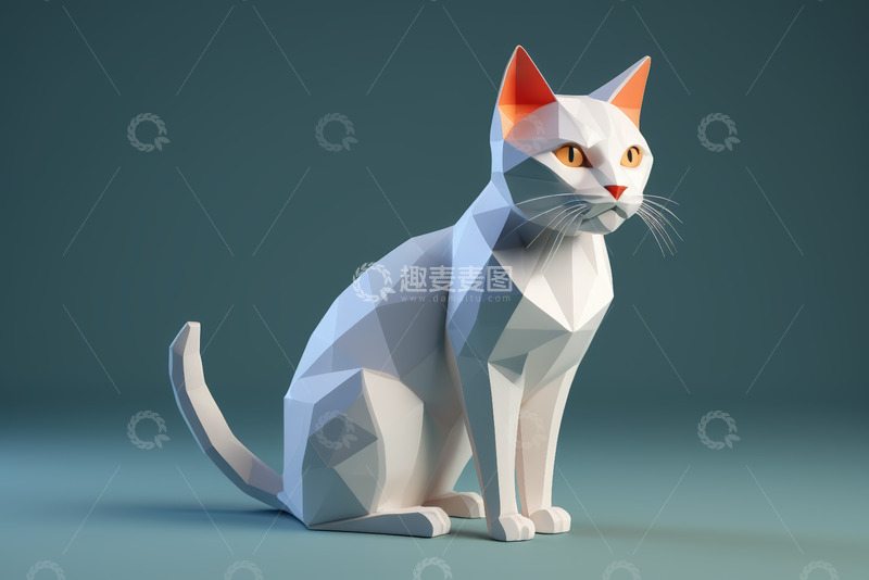 高清大图下载【趣麦麦图】低多边形风格白色猫咪