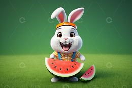 卡通兔子手持西瓜形象